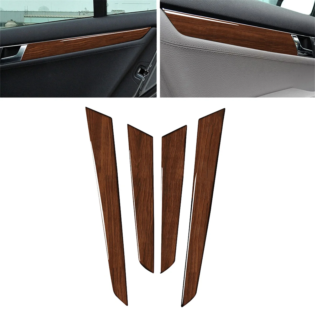 4Pcs Interior Door Panel Cover Brown Wood Grain for C Class W204 2007-2013