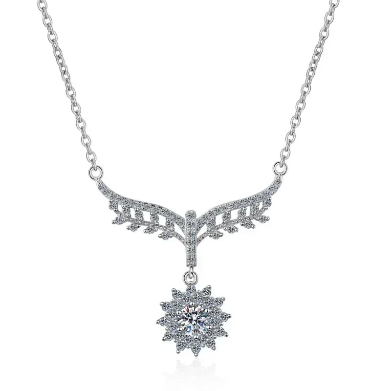 Cut 0.5Ct Moissanite Angel Wing Sunflower Necklace Female, Platinum PT950 Excellent Pendant Necklace for Wedding Engagement Gift
