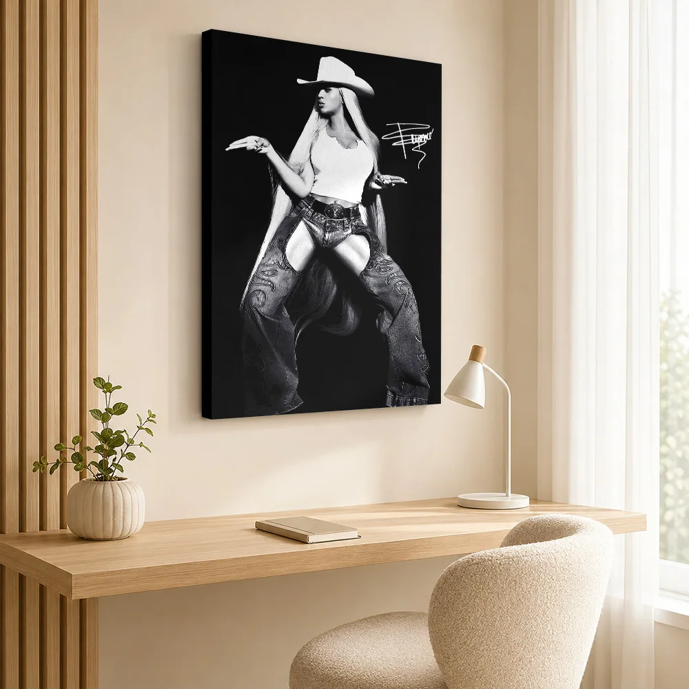Beyoncé Cowboy Look Framed Canvas Print Poster Personalized Retro Music Wall Art for Bedroom Decor Ready to Hang Gift for Fans