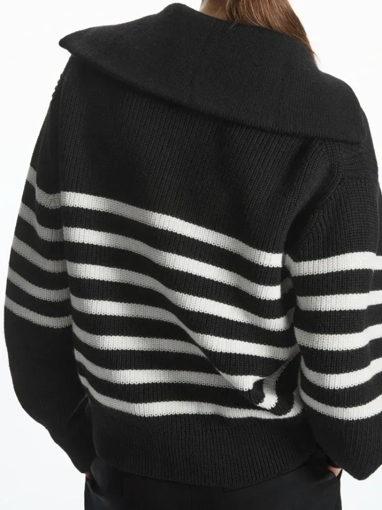 Fashion Women\'s Turtleneck Loose Lapel Striped Knitwear Women Pulovers New Simplicity Half Zipper Casual Women Sweaters 2024