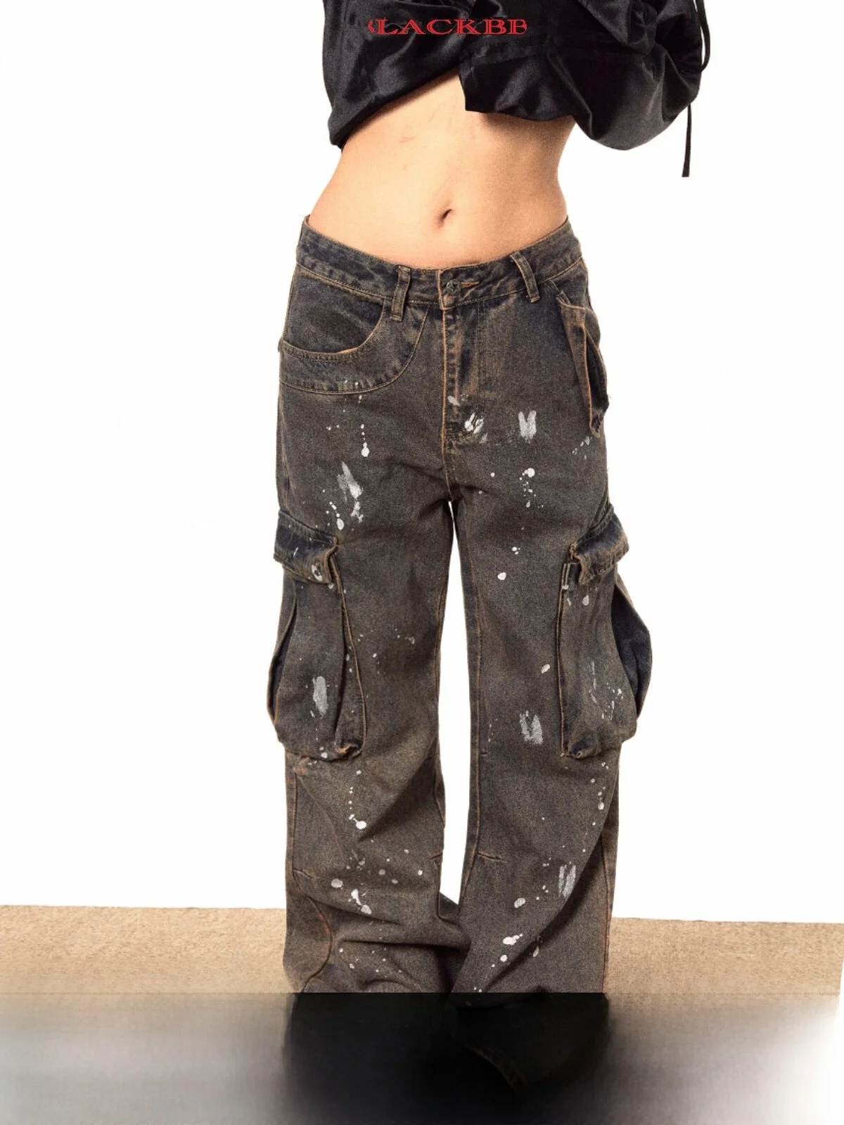 

Retro Splashed Paint Workwear Style Jeans Multiple Pockets Loose All-Match Wide Leg Long Pants for Women Autumn New Arrival