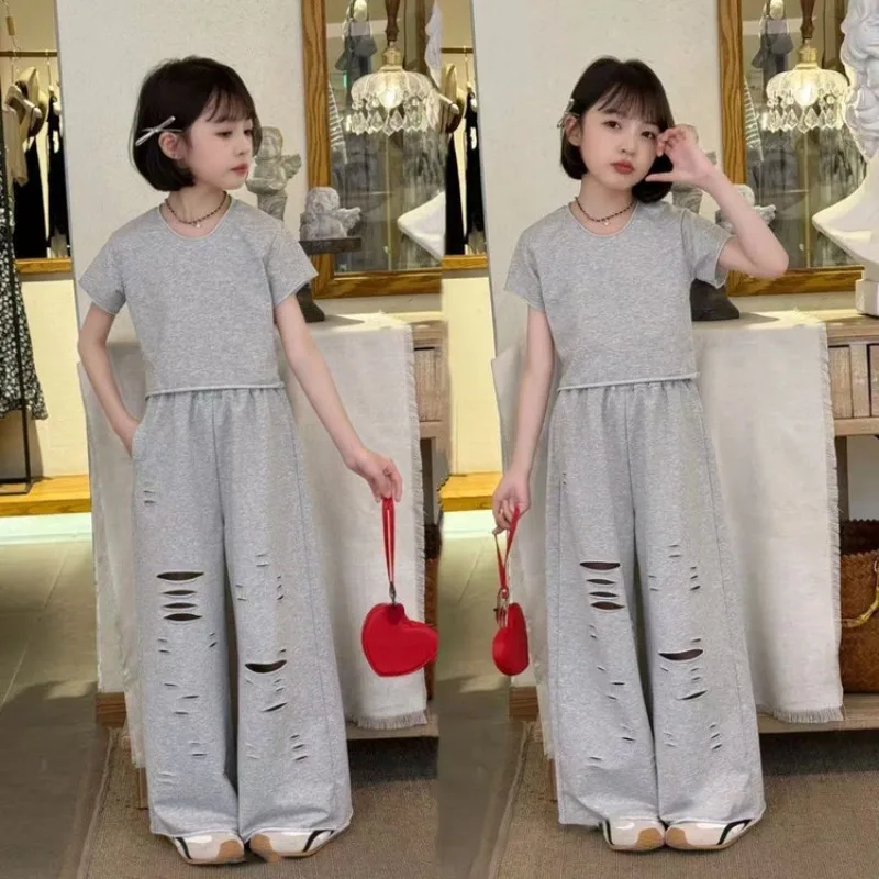 

Girls Summer Clothing Children Short-Sleeve T-Shirt + Distressed Wide-Leg Pants Two-Piece Set 2025 New