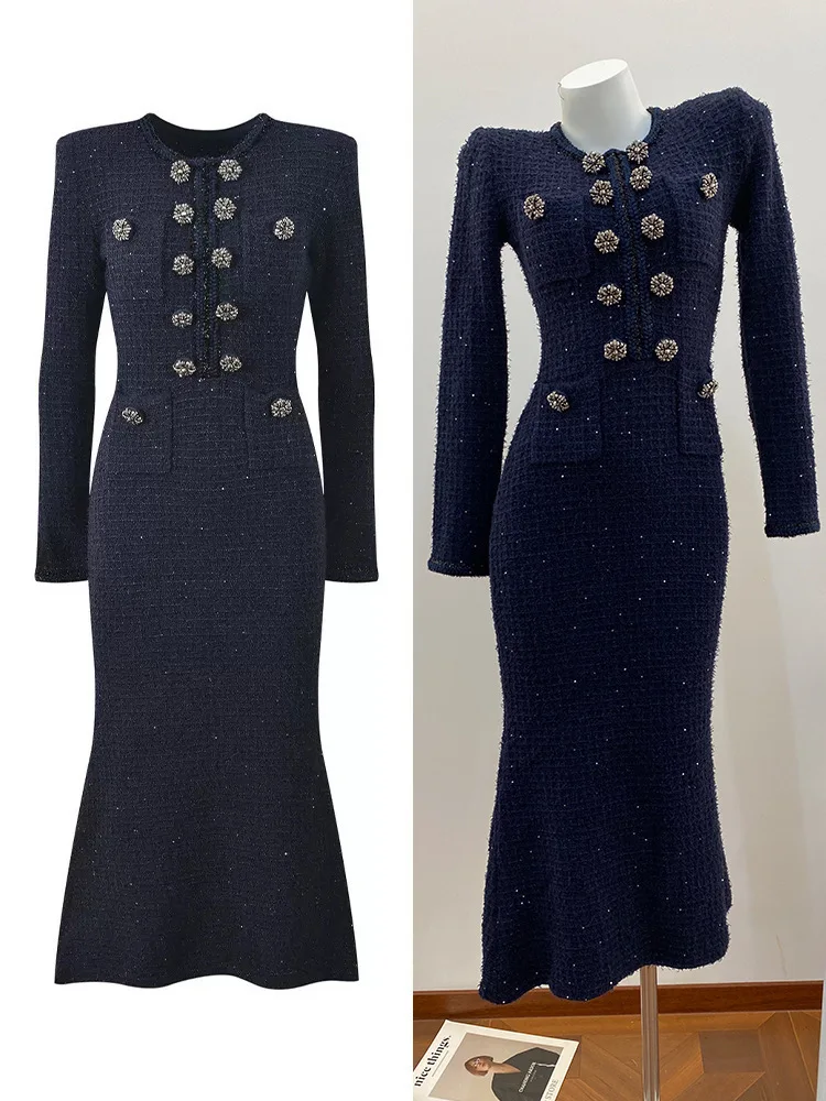 Elegant Autumn Knitted Dress Women Full Sleeve Double Breasted Beading Winter Clothing Blue Sweater Midi Sheath Dresses Knitwear