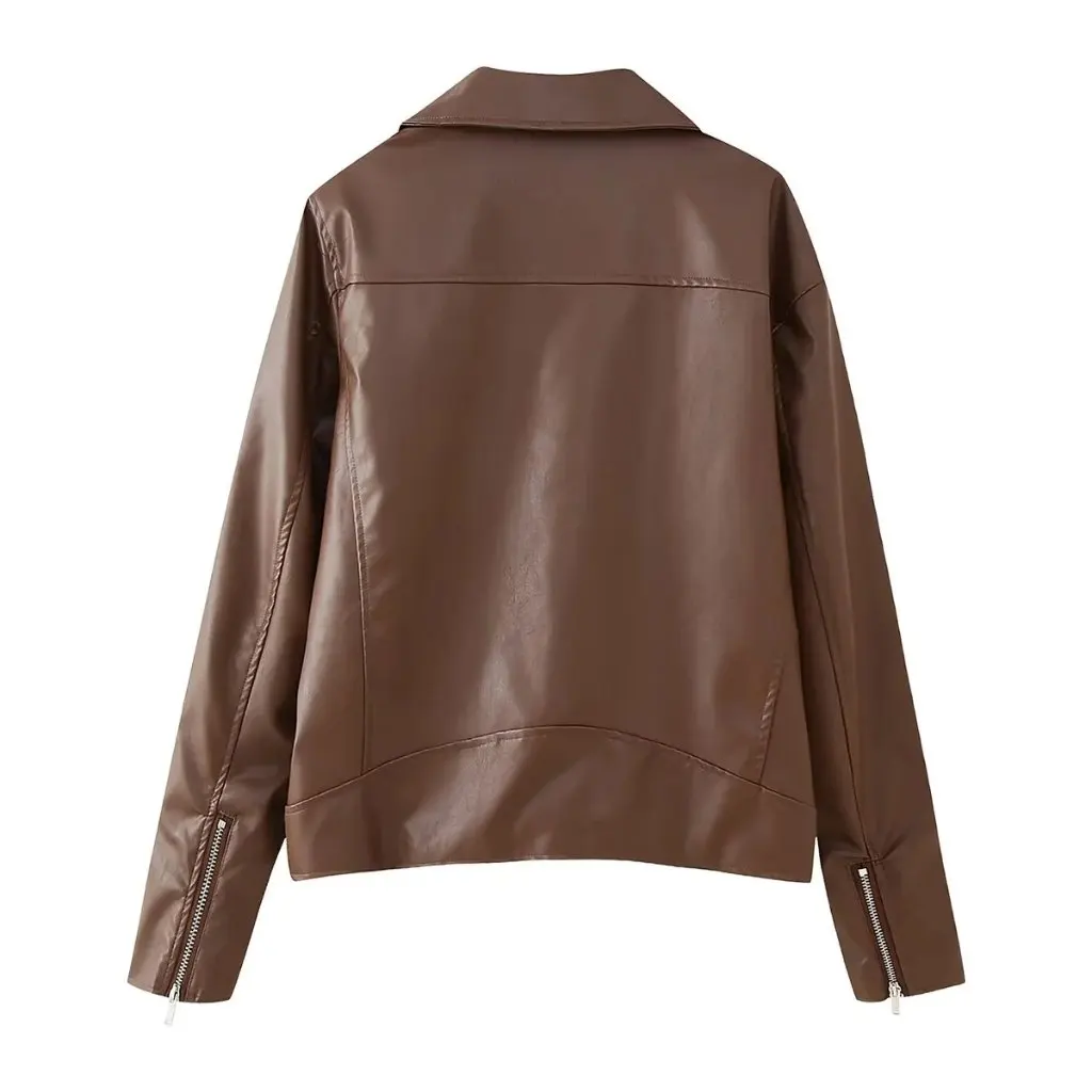 Chaqueta de piel de oveja de imitación estilo Retro con solapa para mujer, detalle de cremallera inclinada, novedades de otoño