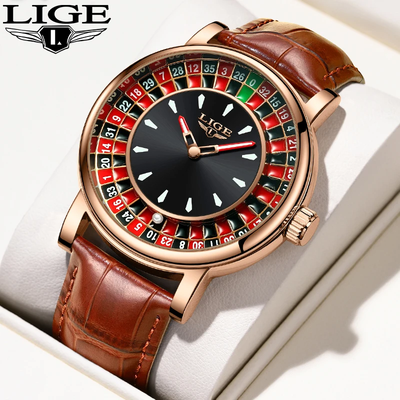 LIGE Orologi al quarzo vintage casual da uomo Cinturino in pelle di moda Tavolo da gioco creativo Roulette Quadrante da gioco Orologio da uomo impermeabile