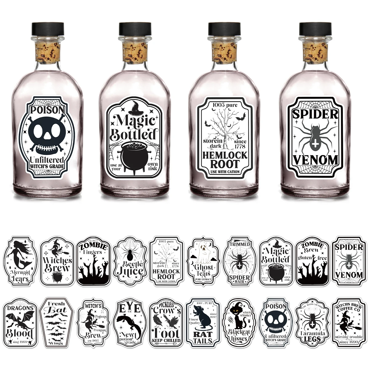 20pcs Halloween Black White Bottle Labels Stickers,Apothecary Potion Labels,Halloween Party Drinks,Haunted House Props Home Bars