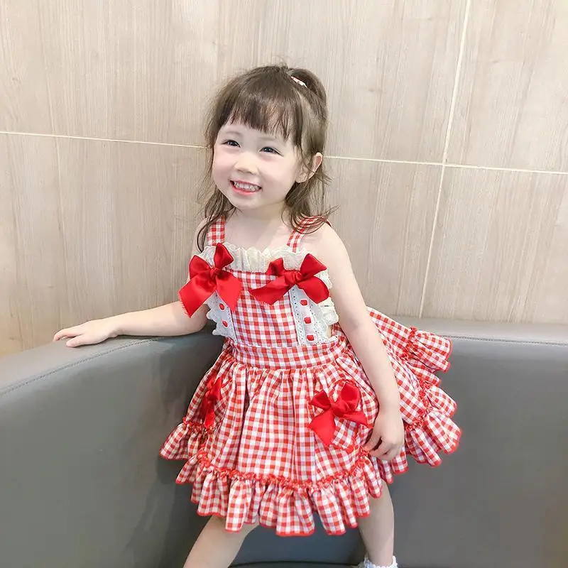 Vestido de verano para niñas, traje de estilo coreano con lazo a cuadros, a la moda, para fiesta de cumpleaños