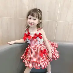 Summer Girls Dress Girls Korean Style Dress Cute Bow Plaid Dress Fashion Party Dresses Baby Kids Birthday Princess Party Dress