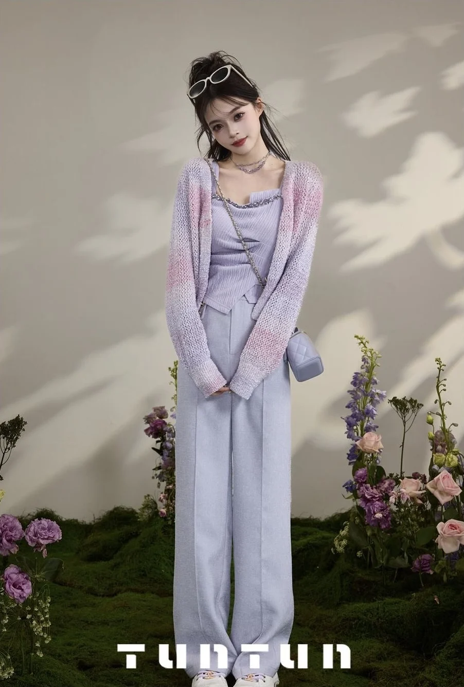 لقطة حقيقية 2025 سترة نسائية جديدة متدرجة باللون الوردي والأرجواني سترة ناعمة حلوة بأكمام طويلة ورقبة مستديرة رائعة محبوكة قمة الموضة T #6