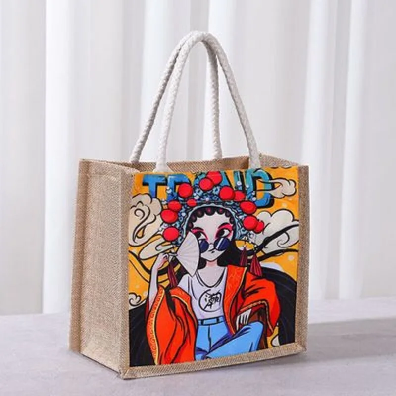 Printed Linen Bag Shopping Bags  Cartoon Handbag Lunch Bag Shopping Bag Portable Travel Dinner Container Bento Bag Tote