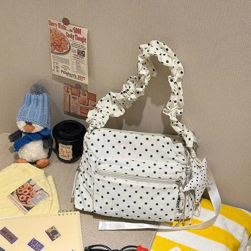 Koreanische Umhängetasche aus Segeltuch mit Polka Dots, leichte, lässige Damen-Umhängetasche für den Sommer, süße, niedliche, vielseitige Pendler-Handtasche – Detail 7