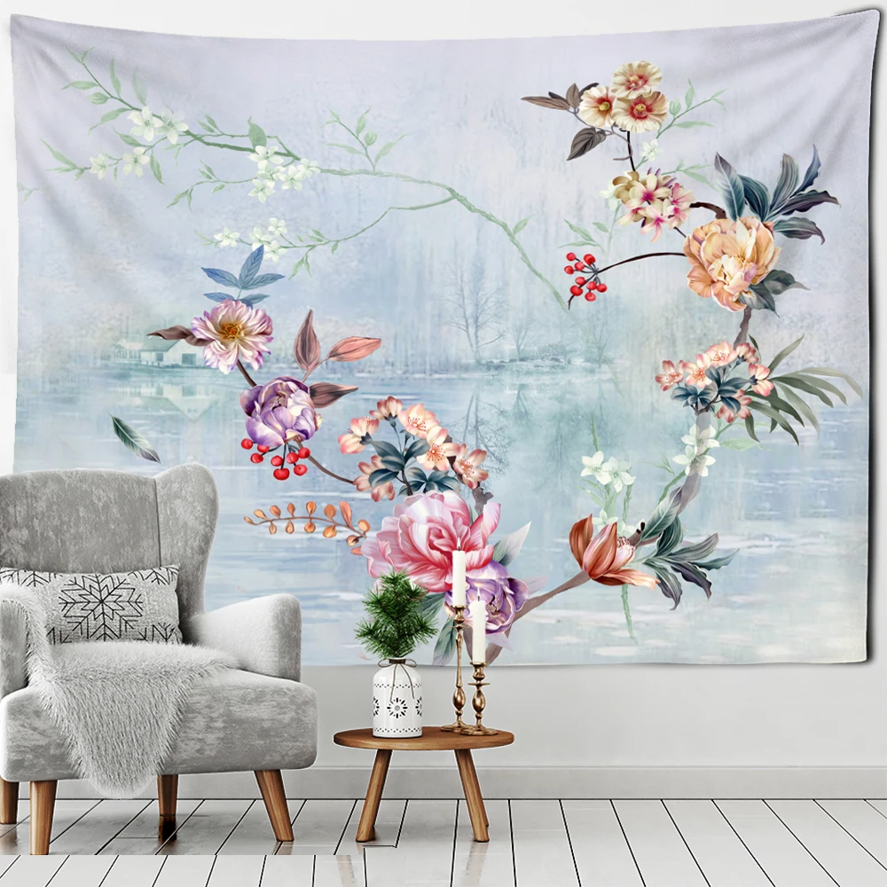 

Ink Flower And Bird Painted Tapestry Wall Hanging Bohemian Style Psychedelic Living Room Background Cloth Home Decor tablecloth