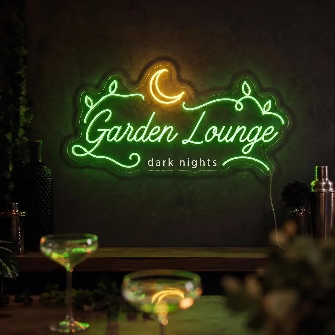 Garden Lounge Neon Sign for Home Bar, Botanical Moon Neon, Witchy Room Decor, Patio Lounge Wall and Plant Lover Gift Ideas