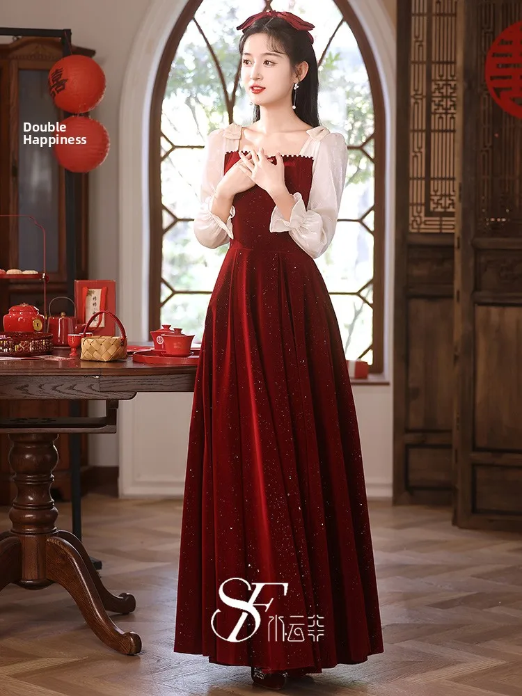 

Ele Velvet Long Sve Wedding Dr for Bride 2025 New Autumn Winter High-End Feelings Cusizable Bridal Gown