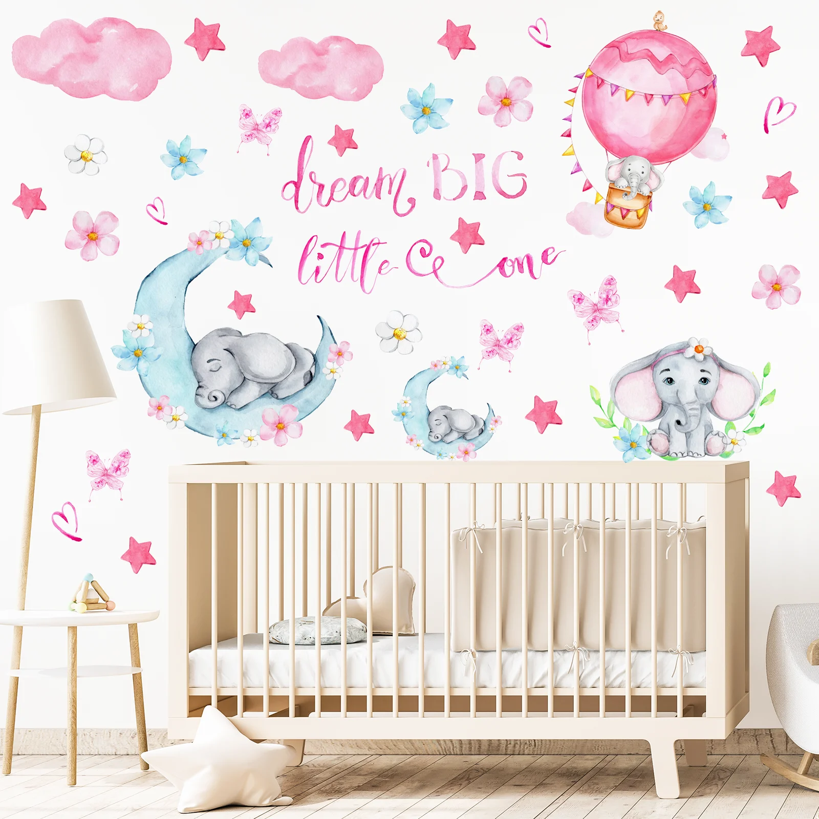 Dream Big Little One Elephant Wall Stickers Watercolor Peel and Stick Moon Stars Wall Decals for Baby Girl Room Nursery Decor