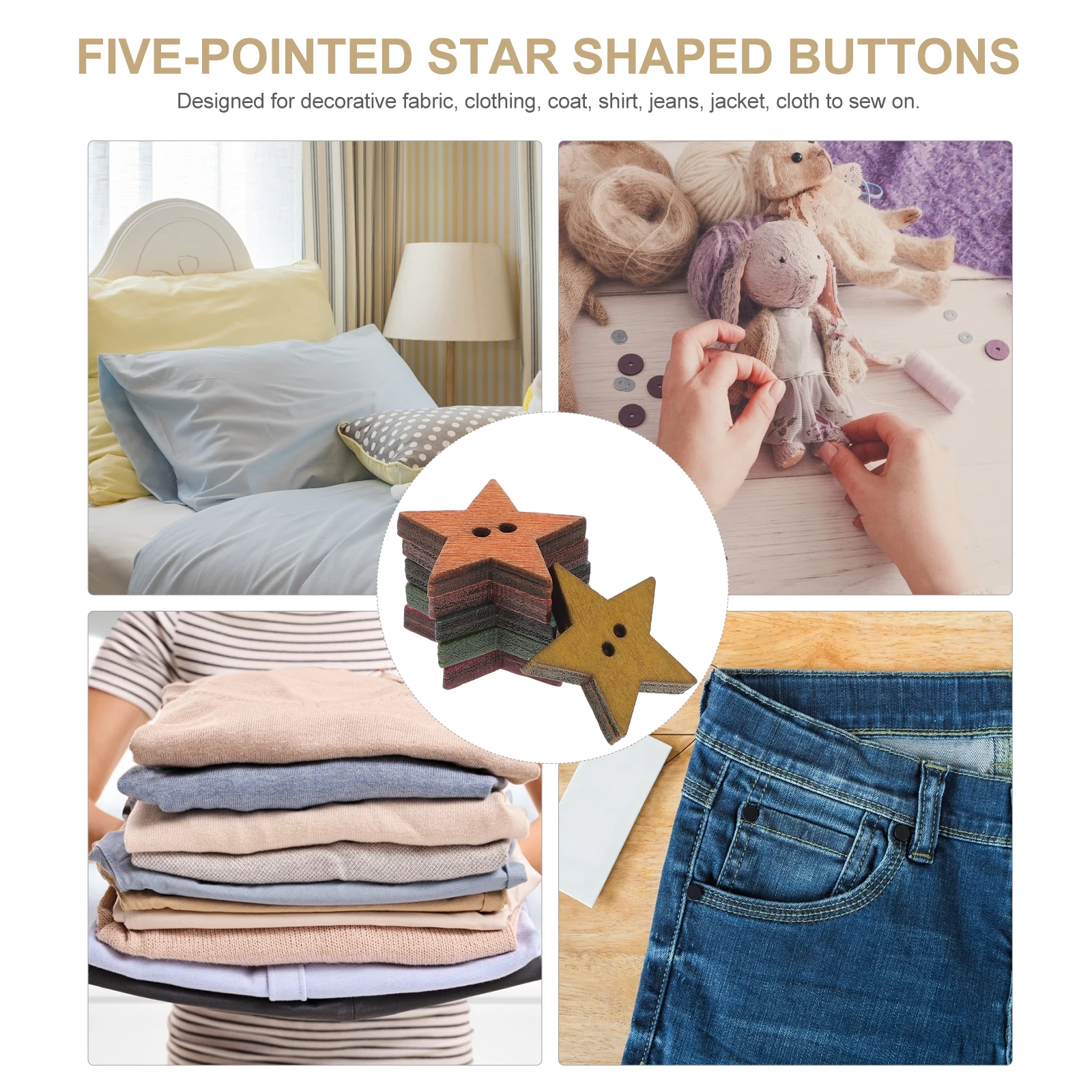 

50 Pcs Wooden Five-pointed Star Buttons Craft Durable Retro Sewing Clothes Jeans Jacket Project Embellishments