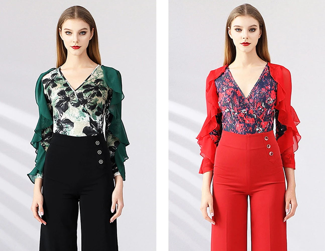 قميص نسائي مثير للرقص اللاتيني بأكمام طويلة قميص مطبوع 2025 أحمر برقبة على شكل حرف v للحفلات الراقصة بذلة خضراء لقاعة الرقص