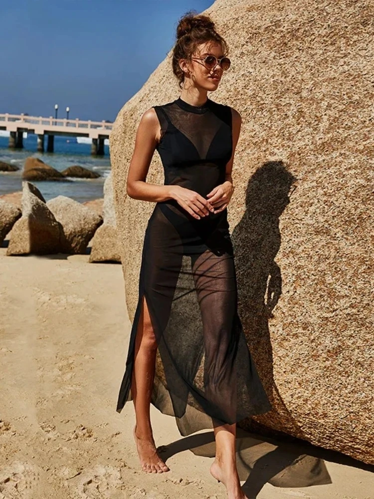 透けるメッシュロングドレス レディース服 ビーチカバーアップ 無地ブラックワンピース ガーゼローブ 女性用 夏