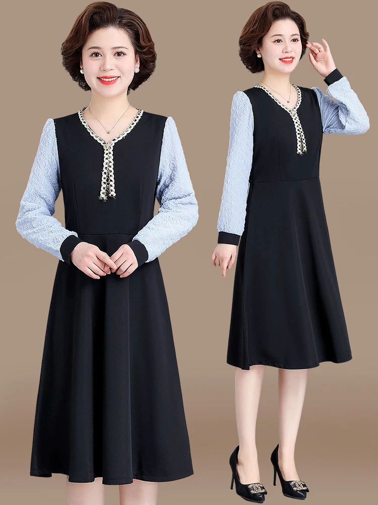 

Ele Midi Knee-Length Dr Faionable Middle-Aged Women's Clothing Polyester V-Ne Gored Skirt Spring Autumn Wear