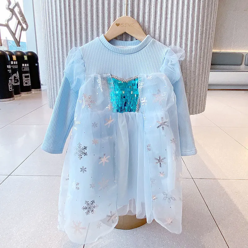 

Girls' Skirt Sequined Star Knitted Spliced Dress2025Winter New Thickened Fleece Princess Dress