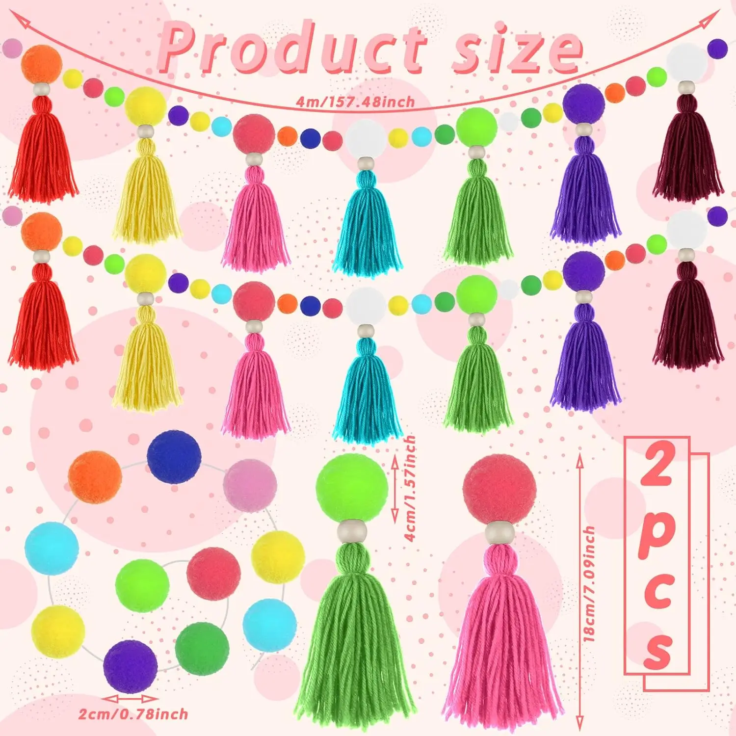 2PCS Rainbow Pom Pom Tassel Garland Banner Spring Wall Hanging Boho Tassel Garland Decor for Classroom Home Nursery Baby Shower