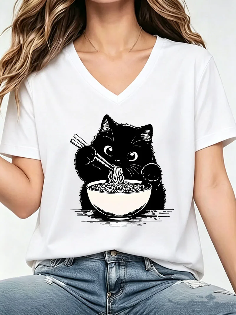 Cute Japanese Style Ramen Cat Y2k T-shirt V Neck Harajuku Fashion T Shirts Women Short Sleeve Graphic Tee Summer Spring