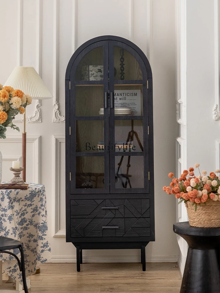 

French Retro Solid Wood Wall with Glass Door Display American Black Arch Relief Curio Cabinet