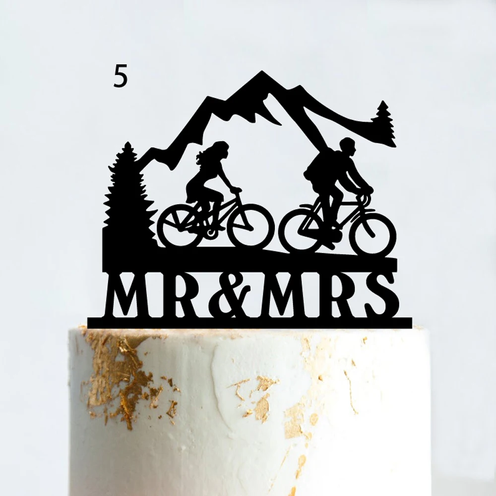 Bicycle Style Cake Topper Black Acrylic Funny Wedding Mr And Mrs Silhouettes Road Bike Cycler\'s Cyclist Birthday Cake Supplies