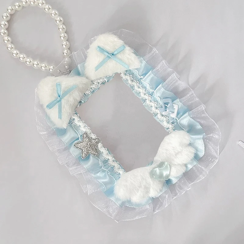 Hand‑crafted photo card holder with lace plush detail, bead chain included. Clear PVC shell guards 3‑inch prints and collectible photocards. Collector hobby accessory, decorative casing for personal collectibles
