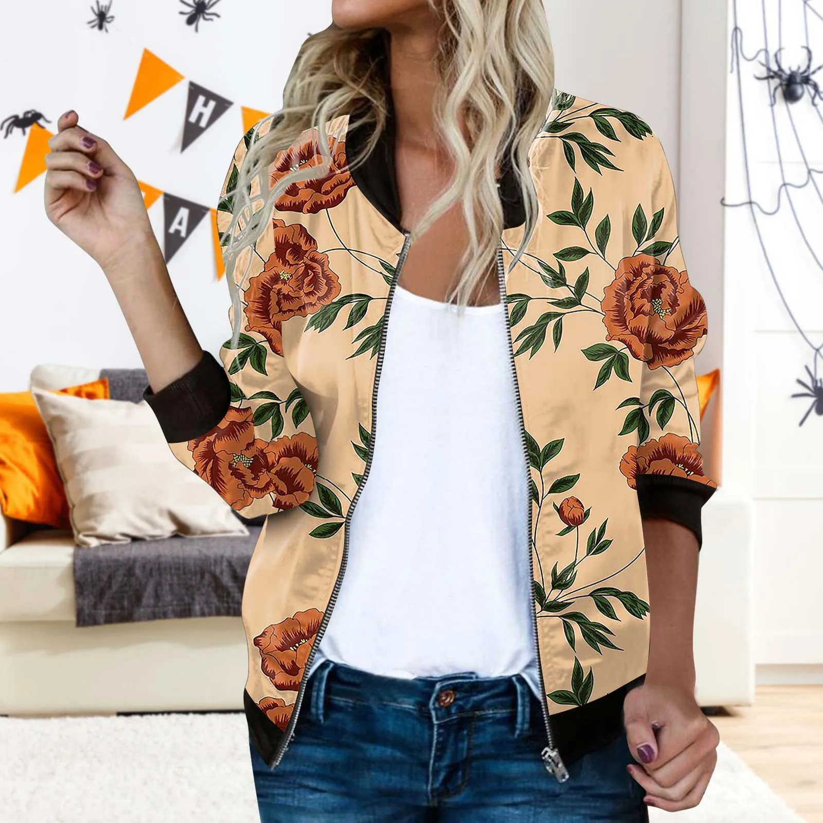 Lightweight Zip Up Loose Jackets Casual Daily Baseball Uniform For Women Flower Print Coats Round Neck Short Sports Outerwear