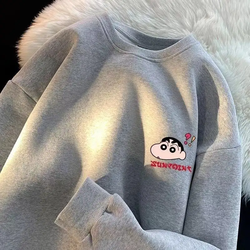 New Kawaii Cute Crayon Shin-Chan Oversize Long Sleeved Tops Hoodies Autumn Winter Round Neck Tops Cartoon Print Gift for Girls