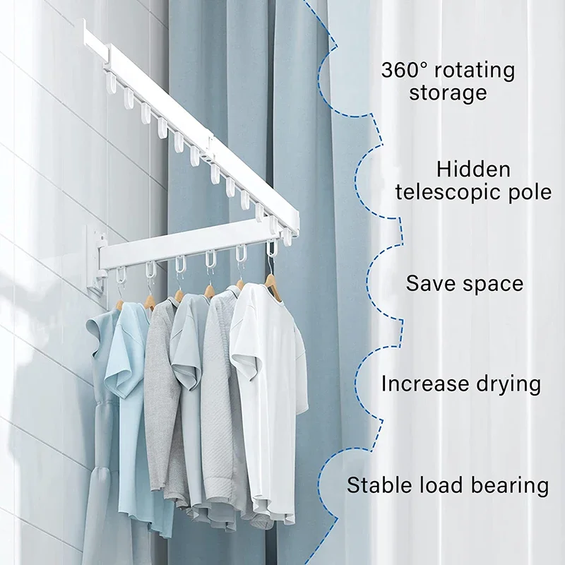 Foldable Clothes Drying Rack Retractable Aluminum Clothes Hanger Wall Mount Space Saving Home Balcony Laundry Clothesline