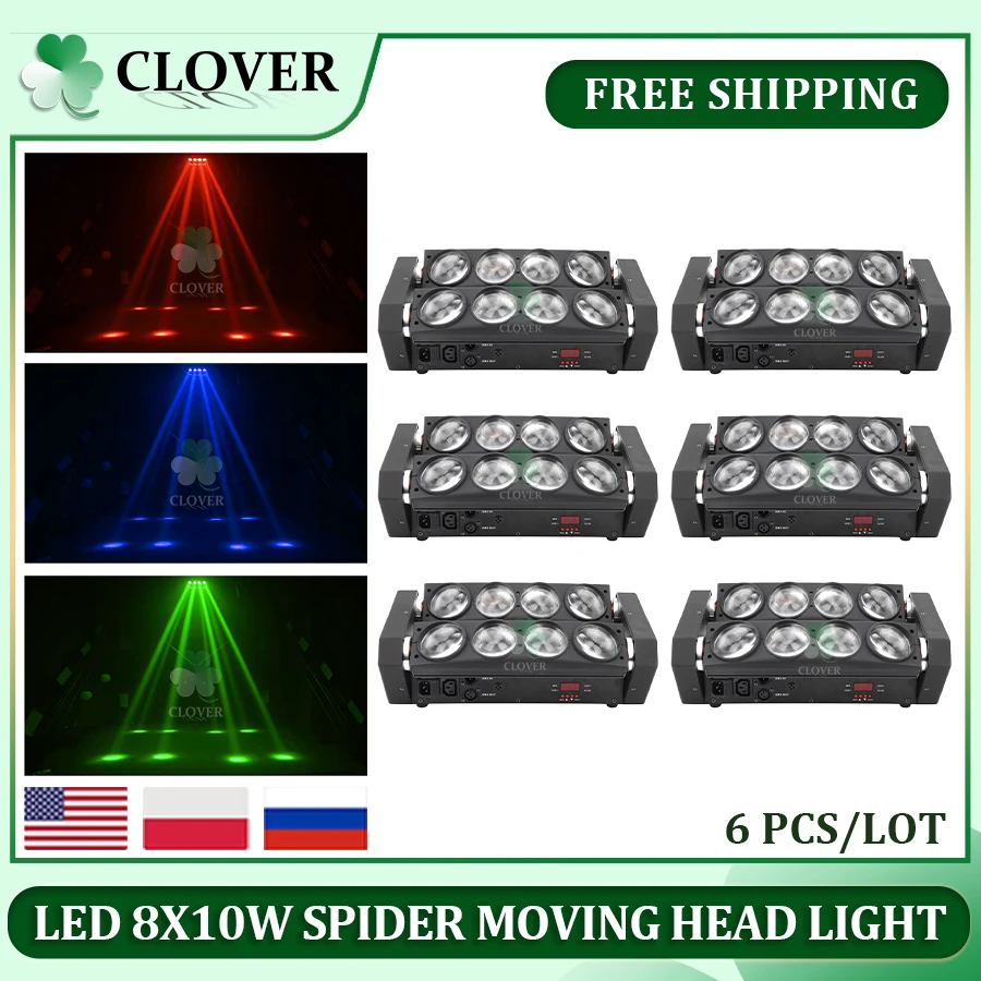 

6Pcs Spider Moving Head Light LED 8x10W RGBW Beam Stage Dj Disco Laser Show DMX512 Sound Light Wedding Christmas Home Party Lamp