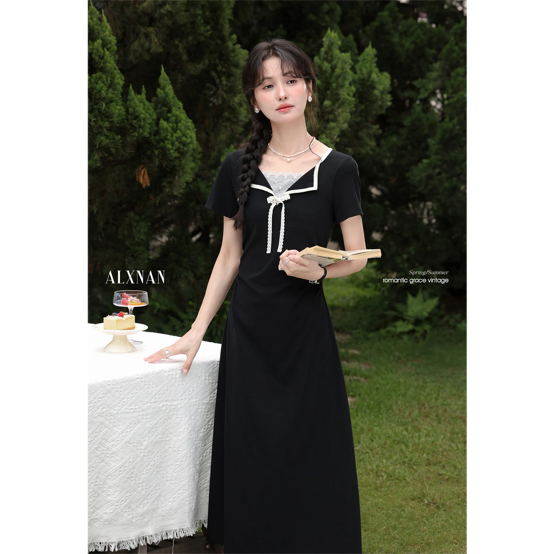 

ALXNAN Women's Black Dress Long Elegant Lace Patchwork Fake Two-piece Dress 2025 Summer Office Lady Short Sleeve Clothing L55891