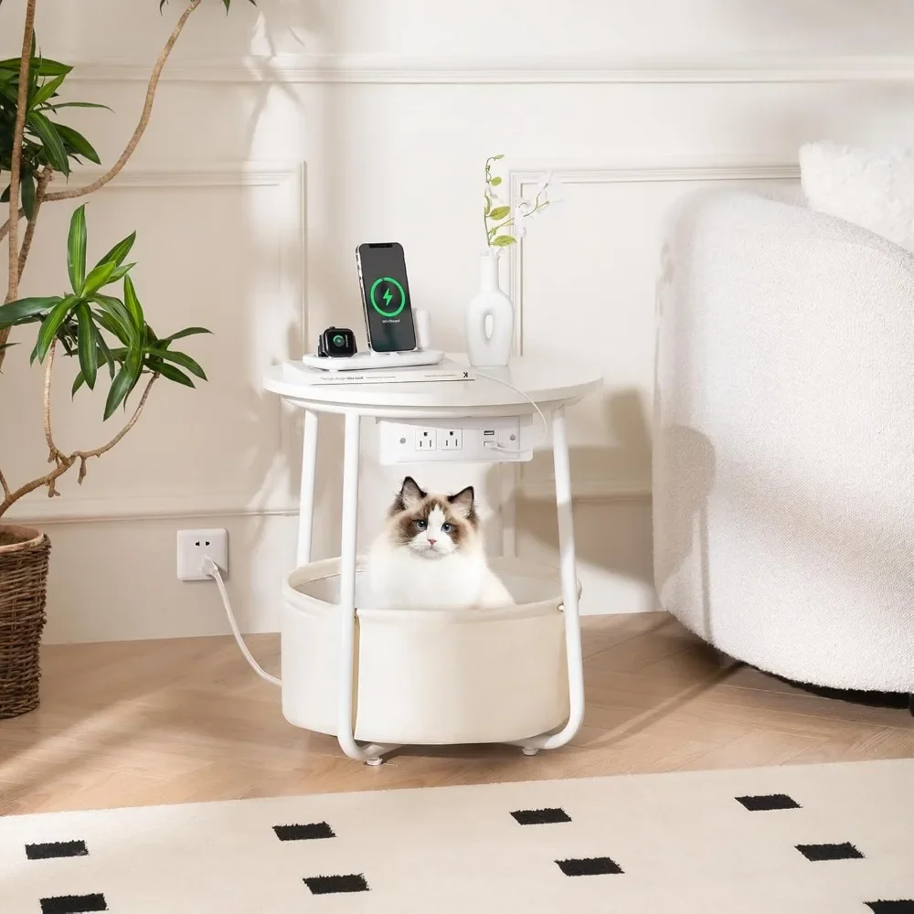 LED bedside table with charging station, circular edge table with fabric basket in the living room