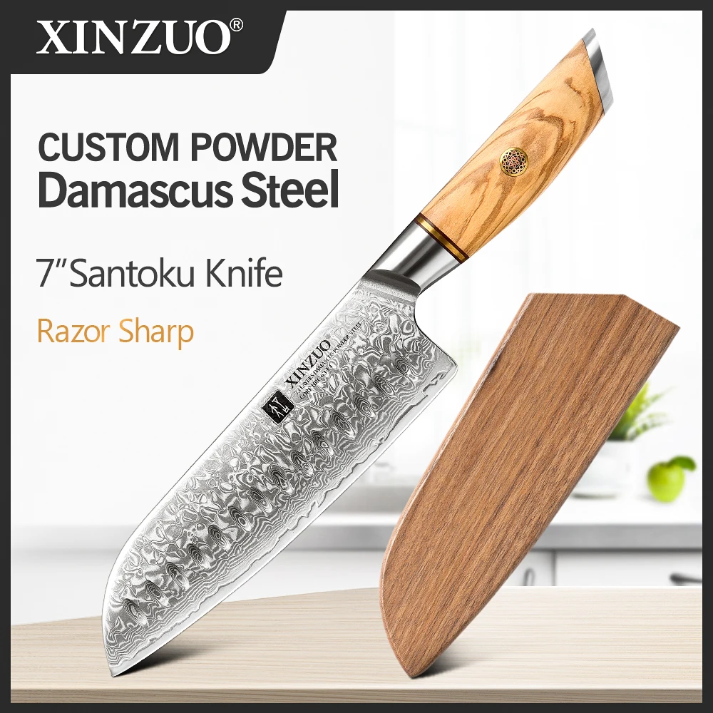 XINZUO 7'' in Santoku Knife Powder Steel Core 73 Layers Damascus Stainless Steel Olive Wood Handle with Handmade Box Packaging