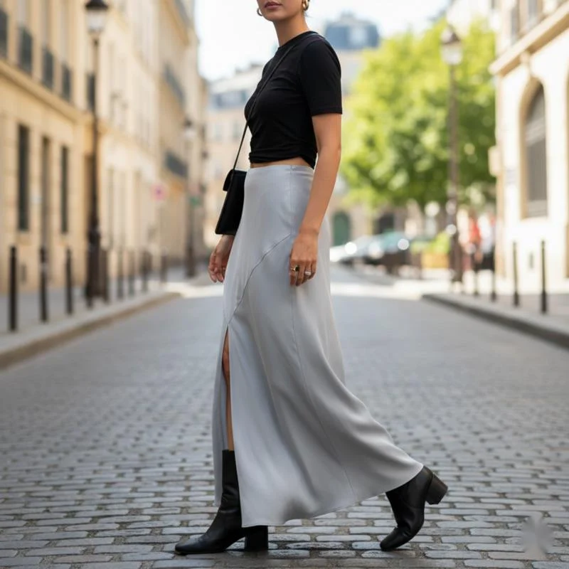 Elegant Satin Long Skirt Women High Waist A Line Silhouette With Subtle Slit Spring Maxi Skirt For Commute Street Style Wear New