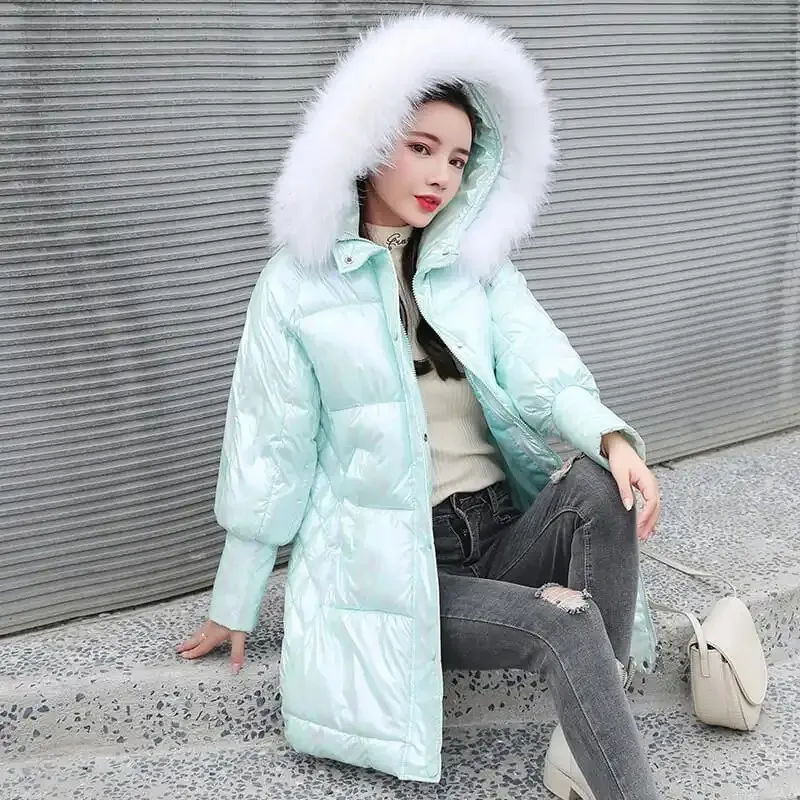 Hooded Fur Collar Women\'s Parka 2022 Winter New Mid-Length Jackets Shiny Glossy Down Padded Outwear Long Sleeve Female Fashion