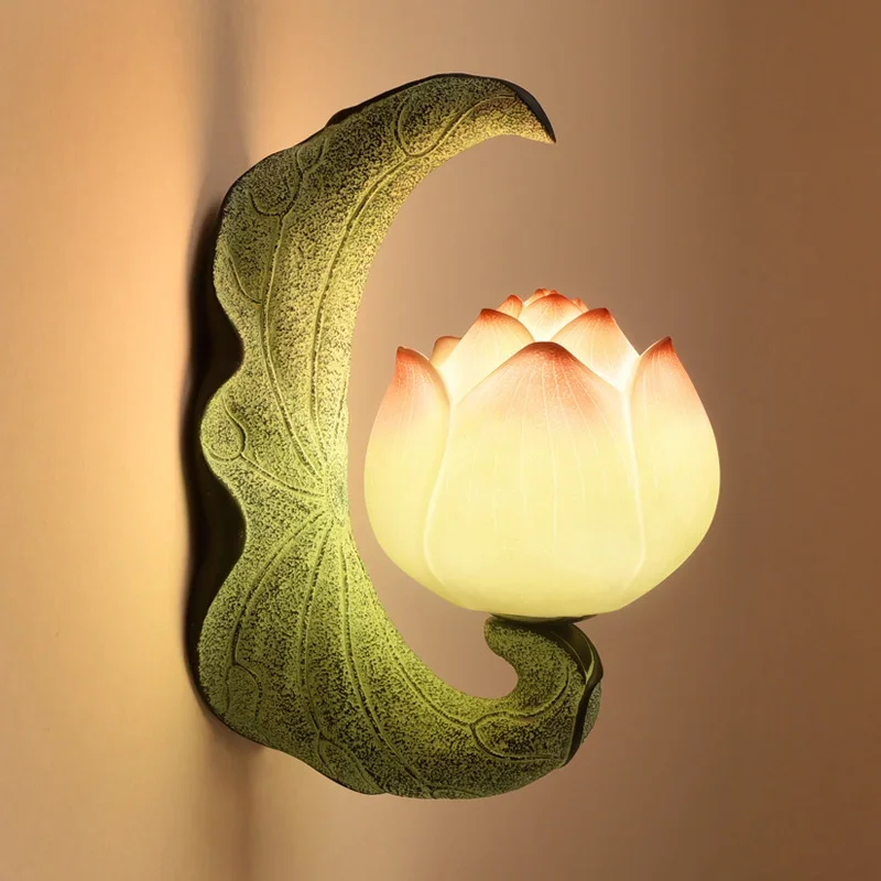 

Classical Chinese Lotus Wall Lamp Retro Mirror Lights Bedroom Bedside lamp Vintage Resin Sconce Stair Home Decor Light Fixtures