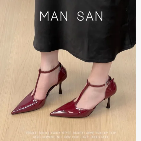 

Summer Sandals Thin Heel Shoes Pointed Toe Spring Autumn Elegant Sandals Sexy Heel For Women T Strap Red Black Pumps