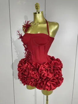 Sexy Halter Prom Gown Celebrity Club Two Piece Set Cocktail Elegant Women Fashion Luxury Birthday Party Red Black Bandage Outfit 2
