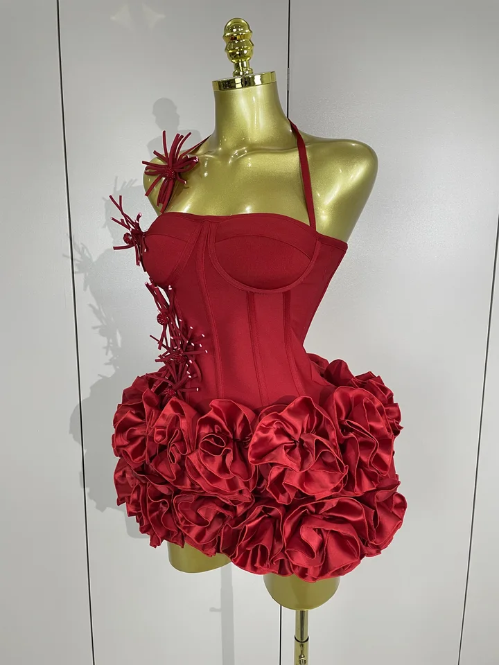 Vestido de Gala Halter Sexy para Mujer, Conjunto de Dos Piezas Elegante para Fiesta, Outfit de Venda Rojo y Negro para Cumpleaños 2