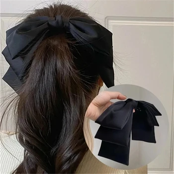Grande pince à cheveux en Satin, nœuds pour filles et femmes, rose uni, noir, épingle à cheveux multicouche, mode coréenne, accessoires pour cheveux, nouvelle collection