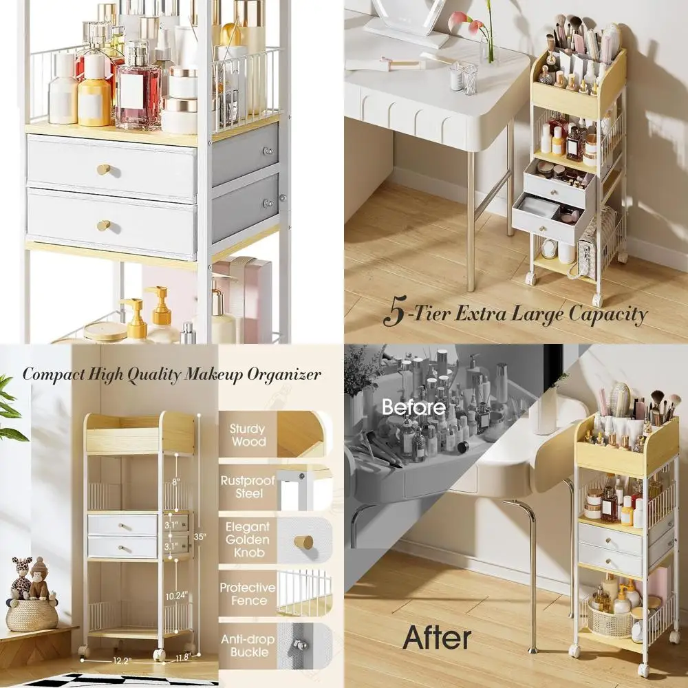 

Rolling Makeup Storage Cart with Drawers, Mobile Bathroom Organizer, Multipurpose Vanity for Skincare, Perfume, Hair, Nail Acces
