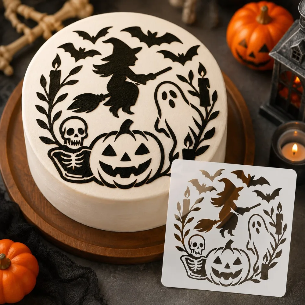 1‑Pack Halloween Cake Stencil, Witch Pumpkin Ghost Bat Pattern, Food‑Safe PET Template for Party Cake Cookie Fondant Decor