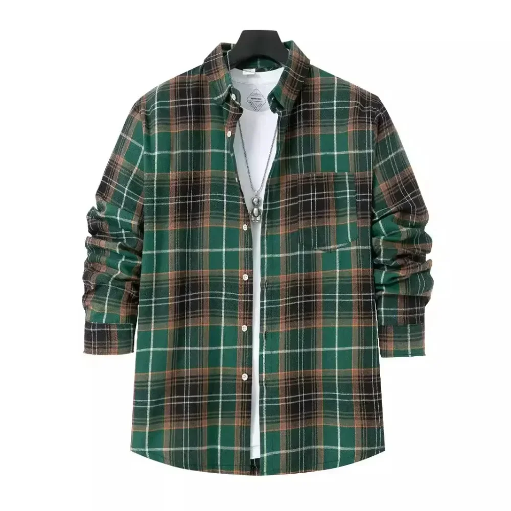 LIBIELIY Men Shirts Long Sleeve Single Breasted T Shirt Casual Shirts Turn Down Collar Blouses Plaid Pockets Button Spliced Loos