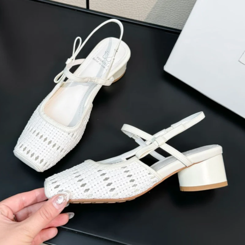 

White Hollow Woven Heels Women Fashion Square Toe Butterfly Knot Decorative Designer Shoes Comfortable Commuting Office Shoes