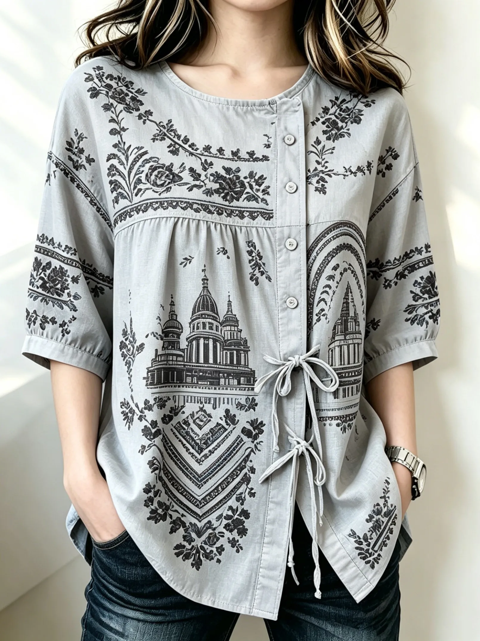 

Women's Grey Vintage Building Print Drawstring Button Up Blouse, Casual Round Neck Tops for Spring Summer Daily Vacation Wear