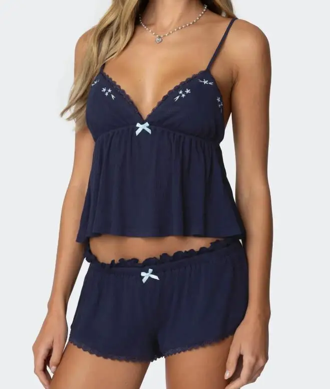 Women's Summer Pajamas Set Stylish Embroidery Lace Trim Camisole Tops with Shorts Lounge Wear 2 Pcs Set