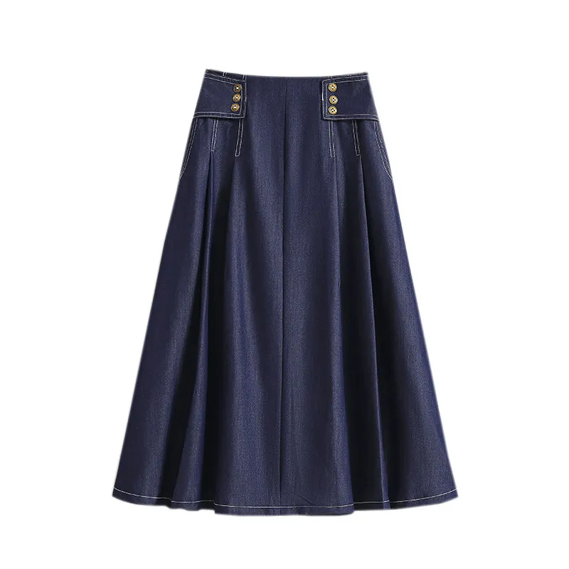 Summer Thin Denim Skirt Navy Blue High Waist Buttons A-Line Soft Comfortable Lyocell Skirt Oversize Mid length Skirt